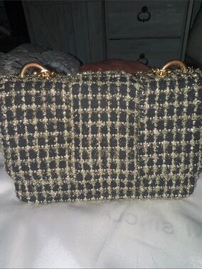 Black and Gold Tweed Shoulder Bag with Chain Accents